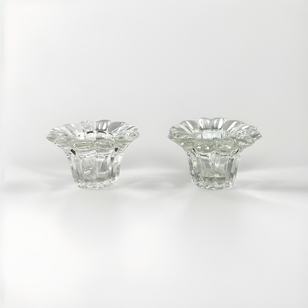 Vintage Borgonovo Italian Glass Flower Candlestick Holders Clear Set of 2
